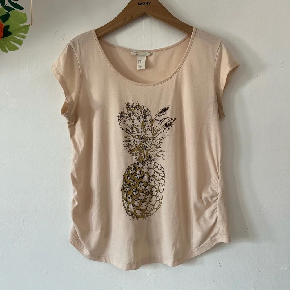 H&M Mama pineapple tshirt sz M maternity peachy pink cap sleeves cotton gold - Picture 3 of 8